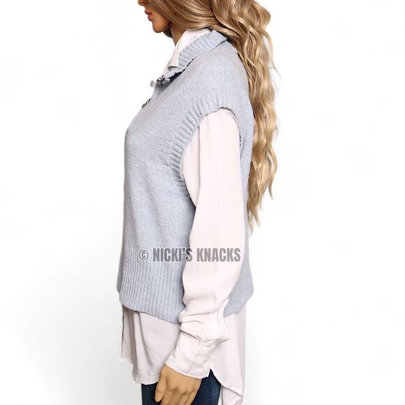 Pink Rose Light Blue Quarter Zip Sweater Vest Ribbed Collar Knit Top Size M - Picture 5 of 15